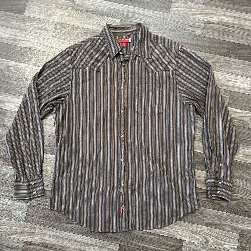 Vintage Guess Pearl Snap Western Shirt; Mens Large; Brown Striped; Cowboy Rodeo
